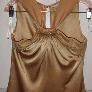 CACHE SILK TANK TOP HIGH CUT ARMHOLES FRONT ROUCHING KHAKI W/GOLD METALLIC SMALL